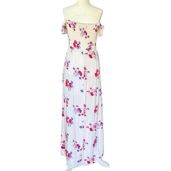 MINKPINK Falling Bloom Floral Smocked Off The Shoulder Maxi Dress White Pink  L - Picture 3 of 13